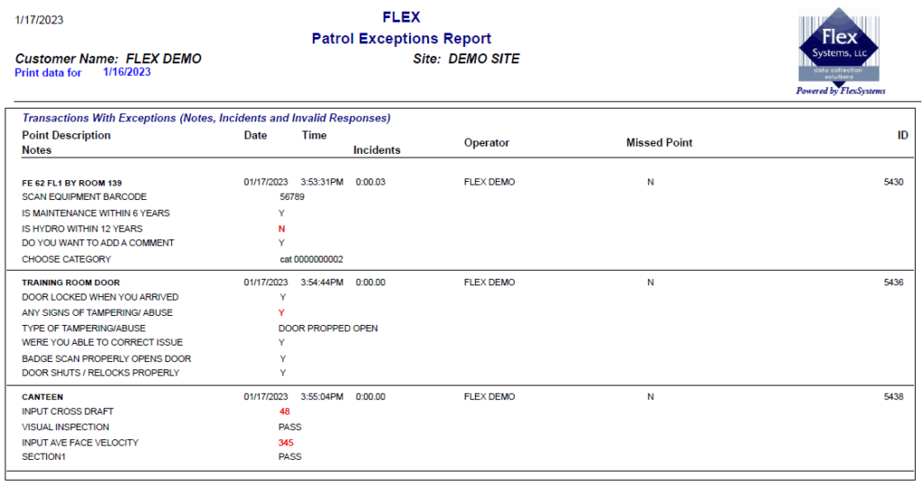 FlexPatrol Exception Report